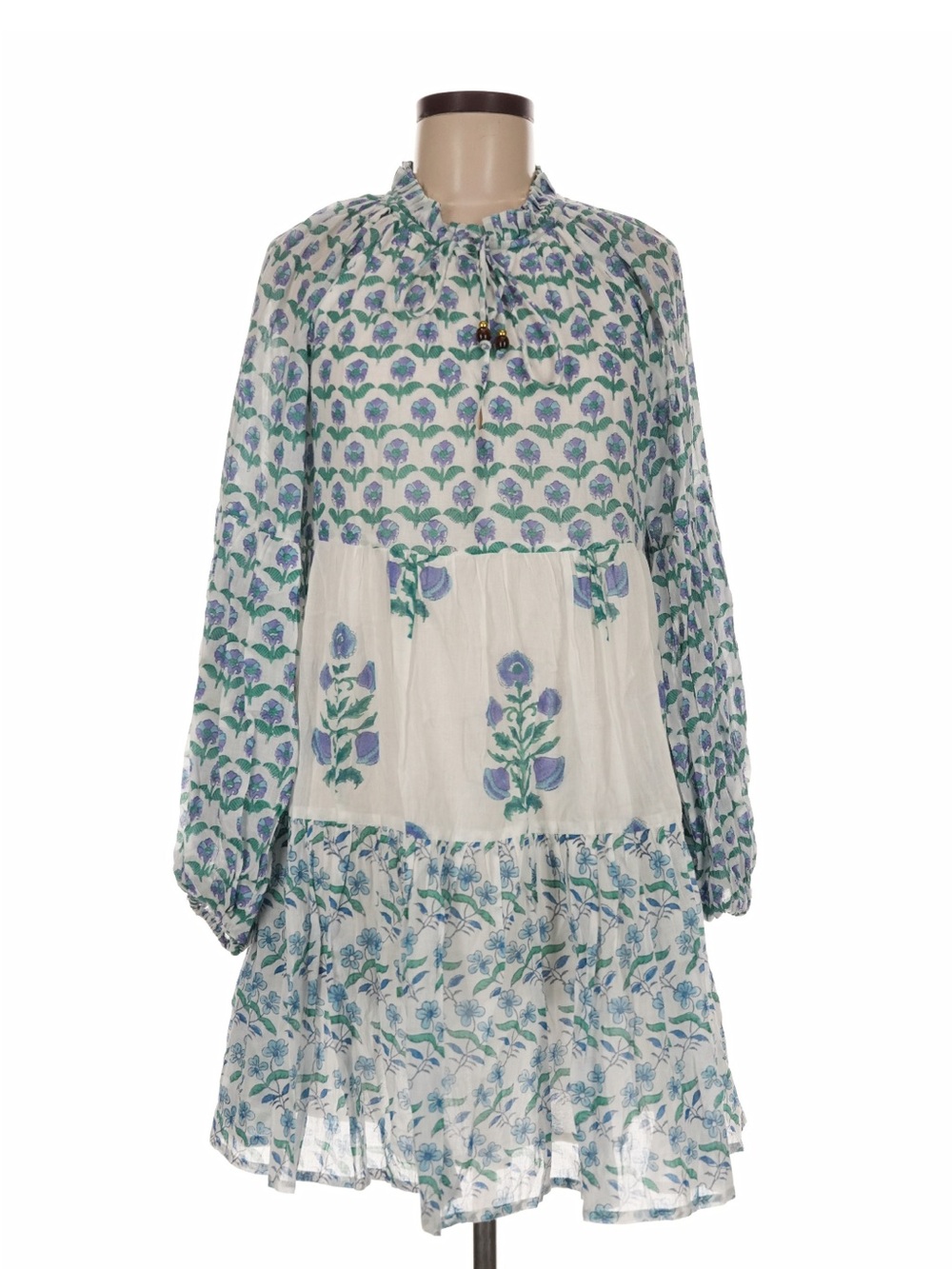 Oliphant Blue Floral Block Print Balloon Sleeve Tiered Cotton Mini Dress M